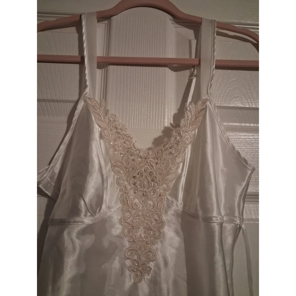 Ivory Satin Babydoll Cami Beaded Floral Lace Pearl Applique Coquette Fairy Y2K S